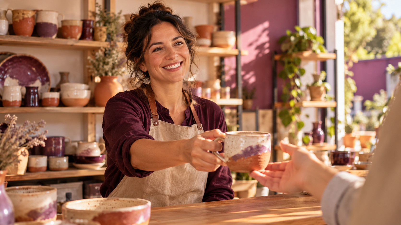 Imagen publicitaria ilustrativa de una emprendedora ofreciendo una taza de cerámica a una clienta